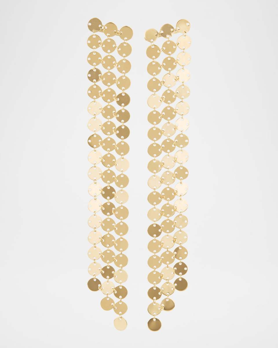 14K Yellow Gold 3-Strand Long Laser Disc Chainmail Fringe Earrings